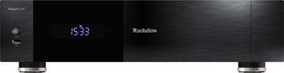 Multimedieafspiller Player Pro 8K R_volution, frontvisning, sort kabinet, blåt digitalt display, tænd/sluk-knap, USB-port