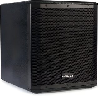 Чорна акустична система ArtSound PWR12, вид на три чверті, передня панель із чорною металевою решіткою та логотипом artsound