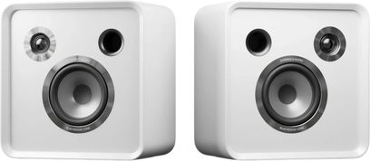 Pair of white EverSolo SE-100 speakers with rounded corners, grey drivers and black front ports