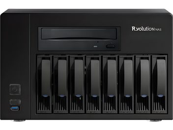 R_volution NAS negro con 8 bahías de almacenamiento con unidad óptica en el frontal, vista frontal
