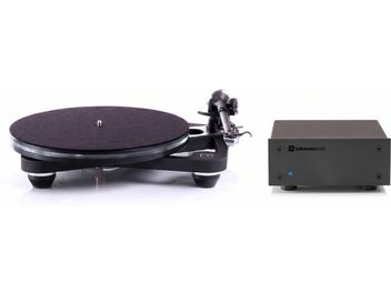 Gira-discos preto com prato circular, braço de leitura e caixa Lehmann Audio, vista de três quartos