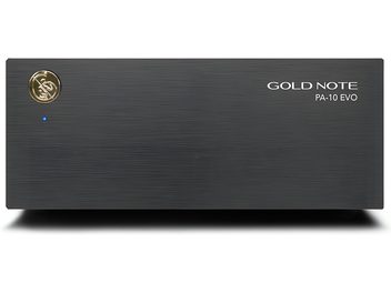 High-end hifi eindversterker Gold Note PA-10 EVO zwart, frontpaneel in geborsteld aluminium met gouden logo en blauwe led