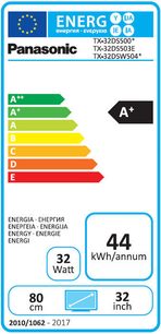 Energimærke for et Panasonic TX-32DS500E TV, klasse A+, 44 kWh/år, 80 cm diagonal