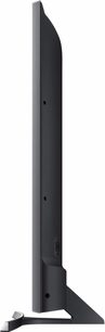 Televisor Samsung UE55JU7500 de alta definición, vista de perfil, pantalla plana, marco fino negro, base metálica curvada