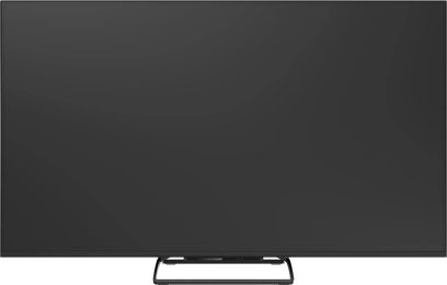 Televisor Panasonic TN-75W95C visto de frente, ecrã preto com moldura fina e suporte central em forma de quadro