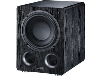 Sort Alpha RS 8 subwoofer med rektangulært kabinet, tekstureret frontpanel, centralt cirkulært højttalerelement, 2 runde basrefleksporte