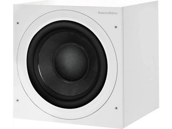 Subwoofer Bowers & Wilkins ASW610 bianco, vista frontale a tre quarti con grande altoparlante nero circolare