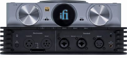Preamplificador de auriculares de alta fidelidad iCAN PHANTOM, vista frontal, carcasa gris, 2 grandes perillas metálicas, pantalla central iluminada, conectores variados