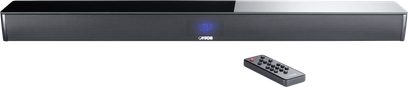 Lesklá černá soundbar Canton Smart Soundbar 9 S2 zepředu s modrým displejem a odpovídajícím dálkovým ovládáním