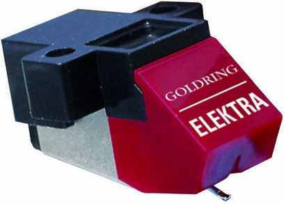 Rød og sort Goldring GL0045M Elektra vinylpladespiller, set fra venstre trekvartersvinkel forfra