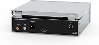 Transport CD Pro-Ject CD Box RS2, stříbrný kovový kryt, zadní pohled, S/PDIF koax/optický, XLR AES/EBU, I2S, konektor 20V