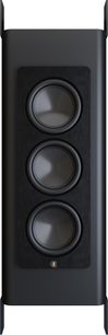 Zabudovateľný subwoofer Perlisten D3is, čierny, pohľad spredu, 3 vertikálne woofery, kompozitné membrány, bočné nožičky