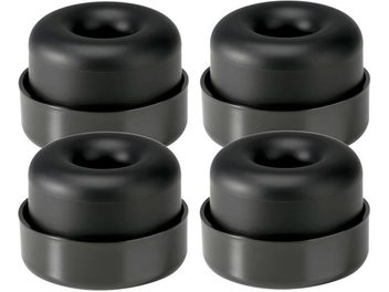 4 schwarze, zylindrische, gestapelte Schwingungsdämpfer aus Gummi oder Polymer mit einer kreisförmigen Aussparung in der Mitte