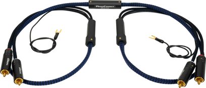 Cavo phono Thorens PhonoConnect PHS 150 RCA-RCA 1,5 m con guaina intrecciata in nylon nero e blu, connettori RCA metallici neri con contatti placcati oro e forcelle di massa integrate, vista dall’alto