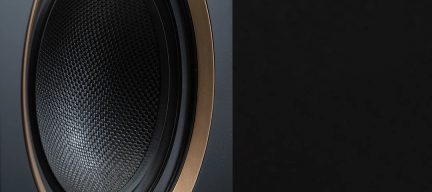 A textured black speaker with a visible gold circular outline on the left, plain black background on the right