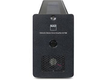 Amplificator stereo NAD CI 720 V2 negru, vedere frontală, grilă metalică, buton rotativ, LED roșu, textură granulată