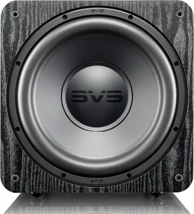 Subwoofer SVS SB-1000 PRO v černém jasanu, pohled zepředu, černá membrána, logo SVS uprostřed, povrchová úprava černý jasan