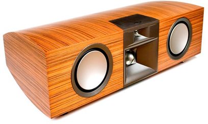 Klipsch P27C central højttaler i naturligt træ set forfra, runde højttalere, centralt diskanthøjttaler