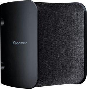 Pioneer HTP-201 sort højttaler, set forfra, sort stofgitter, sølvfarvet Pioneer-logo nederst til venstre