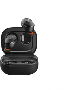 Căști intraauriculare Beyerdynamic Amiron 300 negre cu capete portocalii, prezentate într-o carcasă de încărcare neagră deschisă