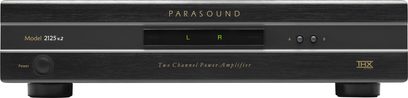 Parasound 2125 v2 effektforstærker, sort front, centralt display, knapper og stik til venstre og højre, to fødder nedenunder