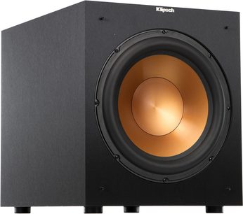 Klipsch R-12SW schwarzer Subwoofer, Frontansicht, runder orangefarbener Lautsprecher in der Mitte eines matten, schwarzen quadratischen Gehäuses