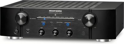 Marantz PM7005 sort hi-fi stereoforstærker, børstet aluminiumsfront, drejelige knapper, blåt display, cirkulære fødder