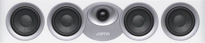 Centrální reproduktor Jamo S43C světle šedý, pohled zepředu, 5 kruhových reproduktorů uspořádaných horizontálně