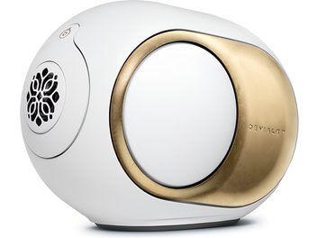 Висоговорител DEVIALET Phantom Ultimate 98 dB Opéra de Paris, бяла овална пластмасова обвивка, златен метален вложка, изглед отстрани