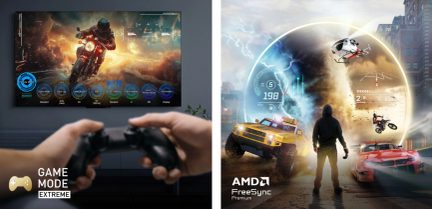 Écran avec motard, mains tenant manette, texte "GAME MODE EXTREME", scène de jeu avec voiture, hélicoptère, personnage