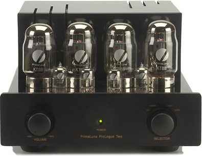 PrimaLuna ProLogue Two melns stereo hi-fi pastiprinātājs, skats no priekšpuses, 4 savietoti vakuuma spuldzes, 2 rotācijas pogas, metāliska panelis