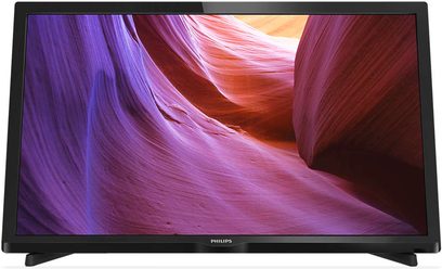 Philips 22PFH4000 fladskærms-tv, der viser abstrakte former i rosa-lilla og orange nuancer