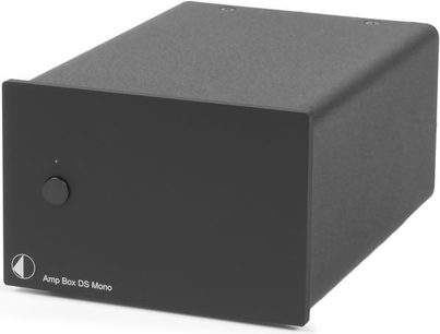 Pro-Ject Amp Box DS Mono sort forstærker, rektangulært mat sort kabinet, front med drejeknap og blå indikatorlampe