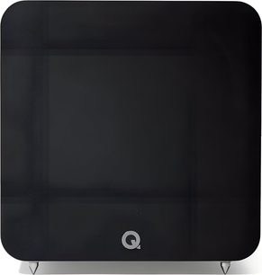 Q Acoustics Q SUB120 subwoofer, front view, black cubic enclosure with rounded corners, fabric grille, circular “Q” logo centered at the bottom, and silver conical feet