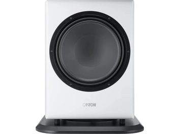 Canton Vento Sub 1 -subwoofer mattavalkoisena, etunäkymä suurella mustalla kaiutinelementillä mustalla jalustalla