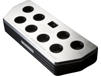 Siltech Octopus Signature Eight Cu black power strip, silver brushed metal top, 8 round sockets, switch, oblique view