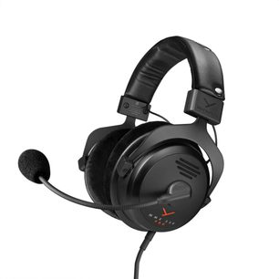 Beyerdynamic MMX 330 PRO gaming headset, three-quarter view, padded headband, round ear cups, flexible microphone