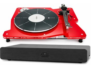 Gira-discos Vertere vermelho com prato preto e braço de leitura, com pré-amplificador phono Atoll PH200 preto