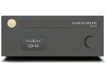 Gold Note CD-10 fekete high-end CD-lejátszó, előlről nézve, kör alakú gombbal jobboldalt, középső kijelzővel, logóval a bal felső sarokban