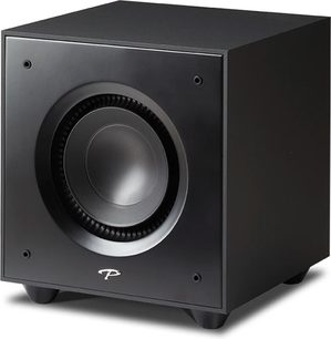 Paradigm Defiance X10 sort satineret basrør, frontvisning, central rund højttaler, knapper og logo på forsiden