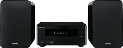 Sort Onkyo CS-245BT hi-fi minianlæg bestående af en kompakt forstærker og to rektangulære højttalere