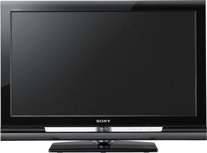 Sony KDL-37V4500 sort fladskærms-TV, sort, set forfra, slukket, på en sort fod, med Sony-logo forneden i midten