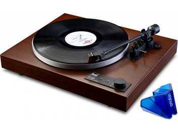 Gramofon Dual CS 429 s povrchem z tmavého dřeva, černým talířem a přiloženou modrou přenoskou Ortofon