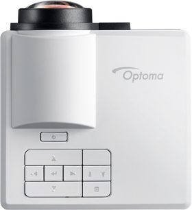 Optoma ML1050STI hvid plastikvideoprojektor, set ovenfra, fremtrædende linse, betjeningspanel