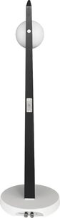 Altavoz compacto Cabasse iO3 blanco mate sobre pedestal negro, vista frontal, forma cilíndrica vertical, tweeter en la parte superior