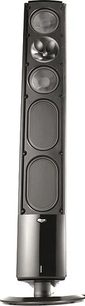 Klipsch Icon XF-48 sort gulvhøjttaler, set forfra, med 3 runde højttalere og 1 diskanthøjttaler, på metalstativ