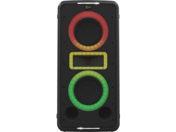 Bärbar bluetooth-högtalare Klipsch, frontvy, svart galler, 2 lysande cirklar i rött och grönt, gul rektangel, 2 nedre öppningar