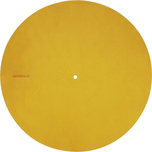 Bringhs gul pladetallerken-cover til pladespiller, cirkulær, set ovenfra, glat overflade, centralt hul, Bringhs-inskription synlig