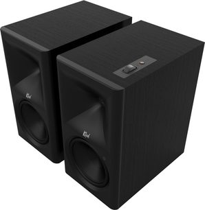 Paar schwarze Lautsprecher Klipsch The Sevens II, Ausführung in schwarzer Holzoptik, Dreiviertelansicht mit Bedienelementen auf der Oberseite
