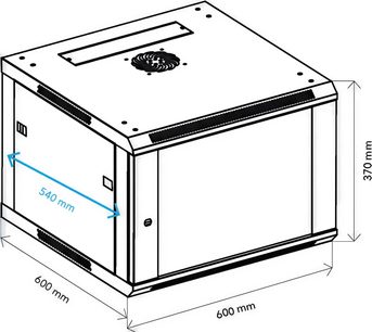 Norstone Pro Wall Rack 6U audiovisual bay in isometric view with dimensions 600x600x370 mm, fan on top